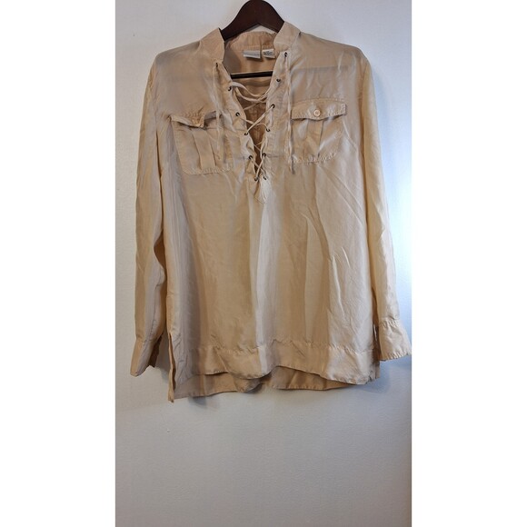 VINTAGE NEWPORT NEWS 100% SILK LACE UP ROLL TAB SLEEVES TUNIC TOP WOMEN SIZE 14 - Picture 1 of 3